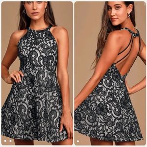 Lulu's Black and White Lace Backless Skater Dress
